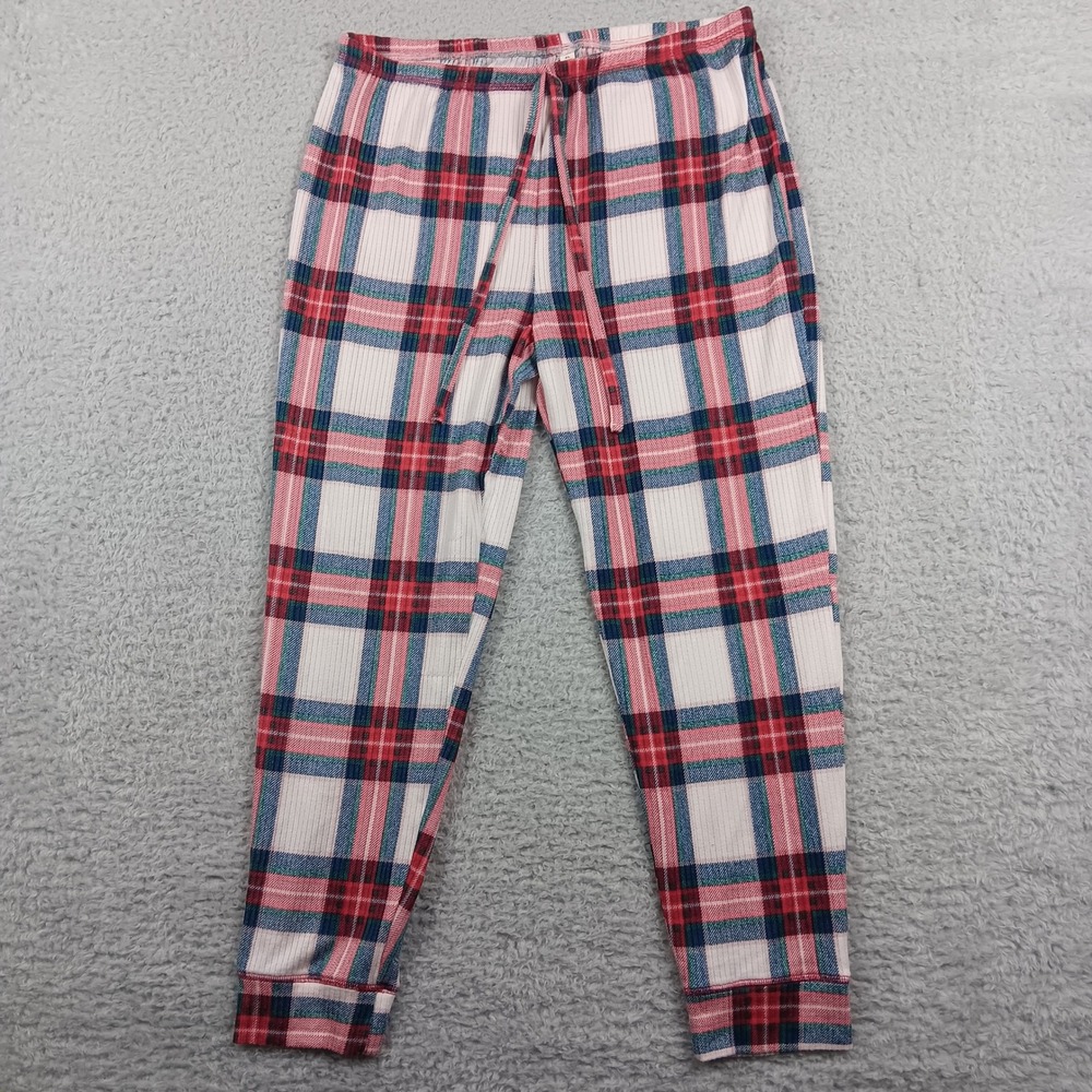 Unbranded Pajama Pants Jogger Women XL Red White Blue Plaid Ribbed 2071-37